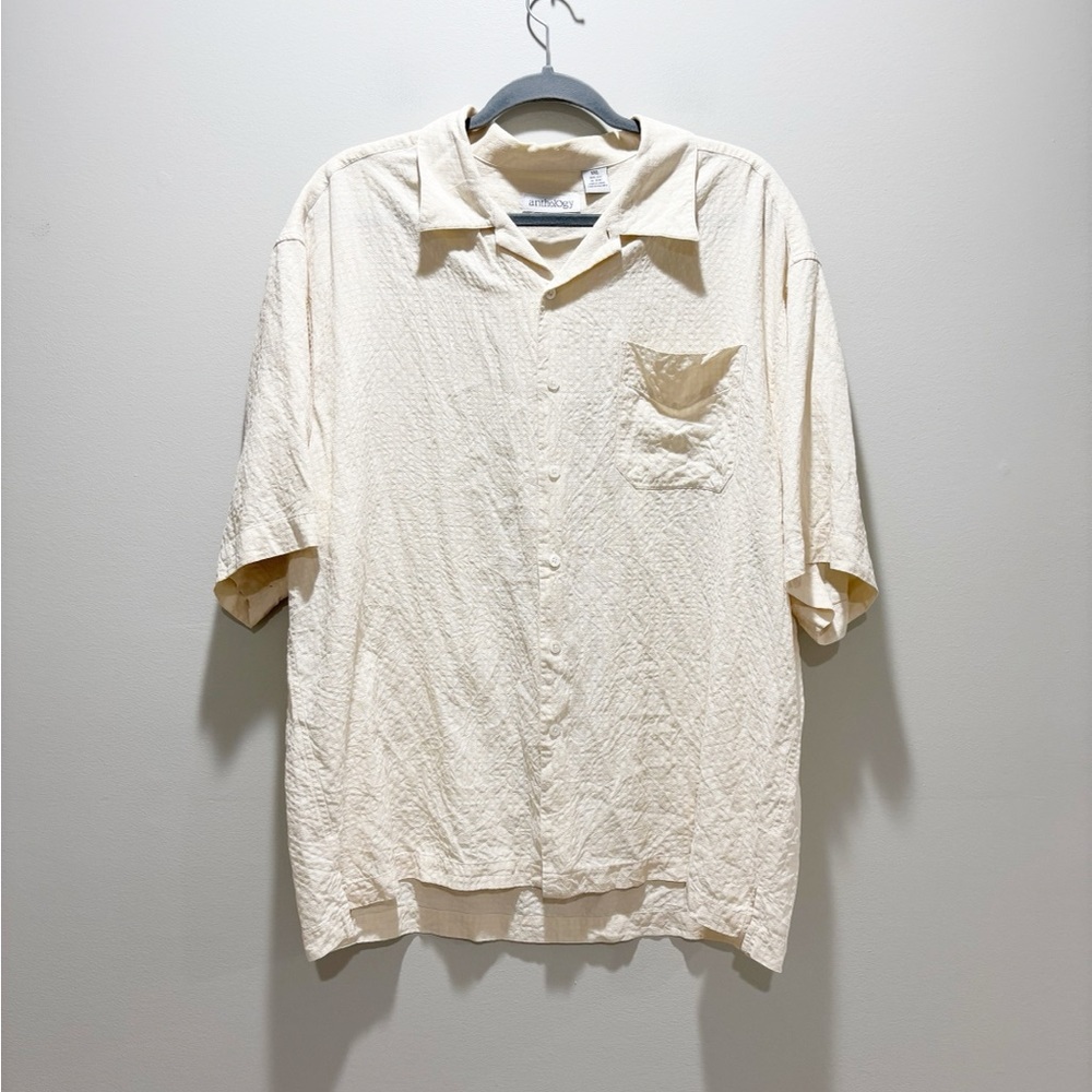 ANTHOLOGY Men's Short-Sleeve Button-Down Shirt Textured Cream Silk Beach Wedding